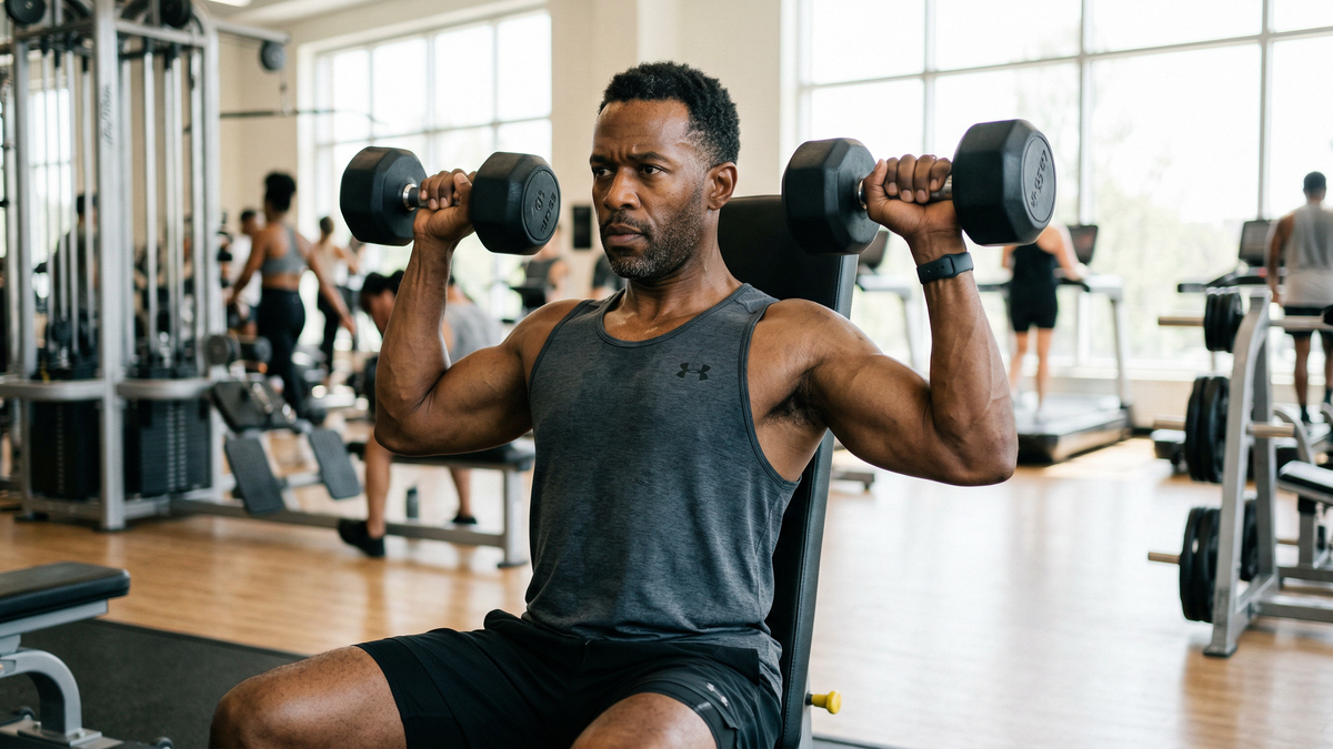 A man in his forties performing a seated dumbbell shoulder press in a bright commercial gym.