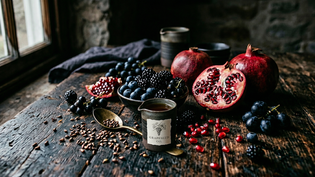 Pomegranates, dark berries and a small jug of grapeseed oil on a weathered wooden table