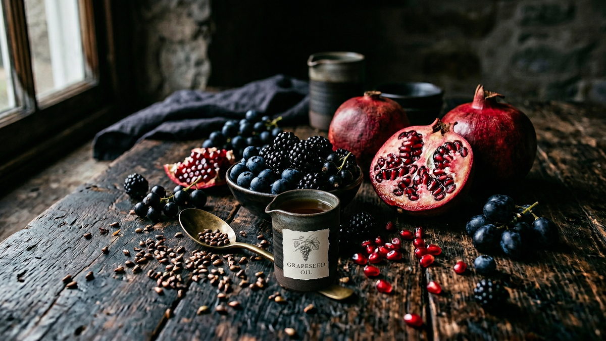 Pomegranates, dark berries and a small jug of grapeseed oil on a weathered wooden table