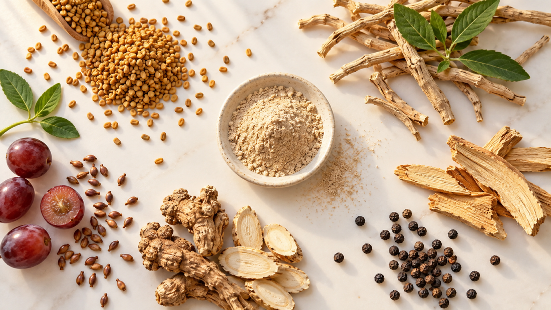 Overhead view of an amber supplement bottle and capsules surrounded by dried orange slices, seeds and herbs on white marble