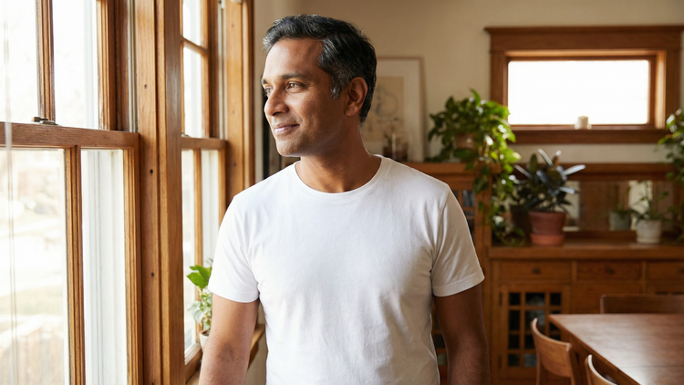 Man in a white t-shirt standing by a window in a sunlit dining room, looking outside
