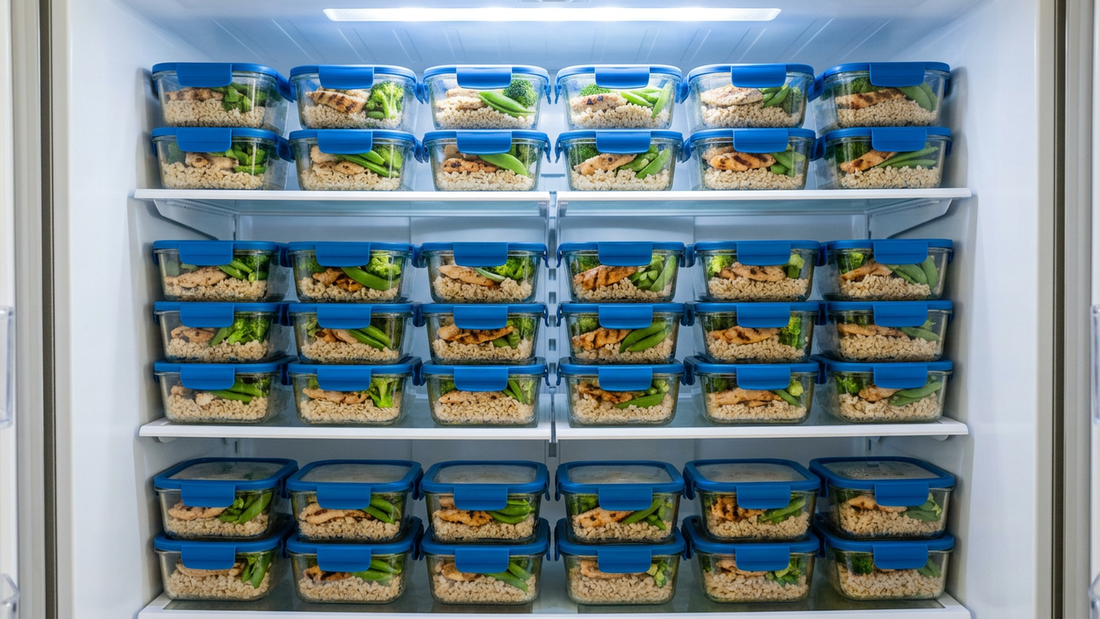 Refrigerator shelves filled with rows of identical meal prep containers of chicken, rice and broccoli