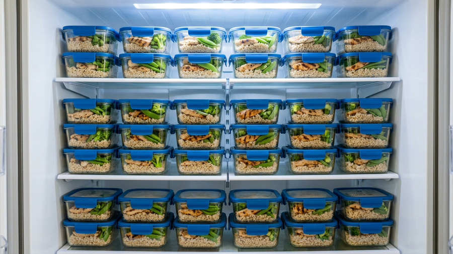 Refrigerator shelves filled with rows of identical meal prep containers of chicken, rice and broccoli