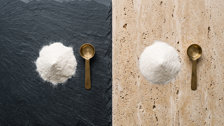 Split image comparing two mounds of white powder with brass measuring spoons, one on dark slate and one on pale stone