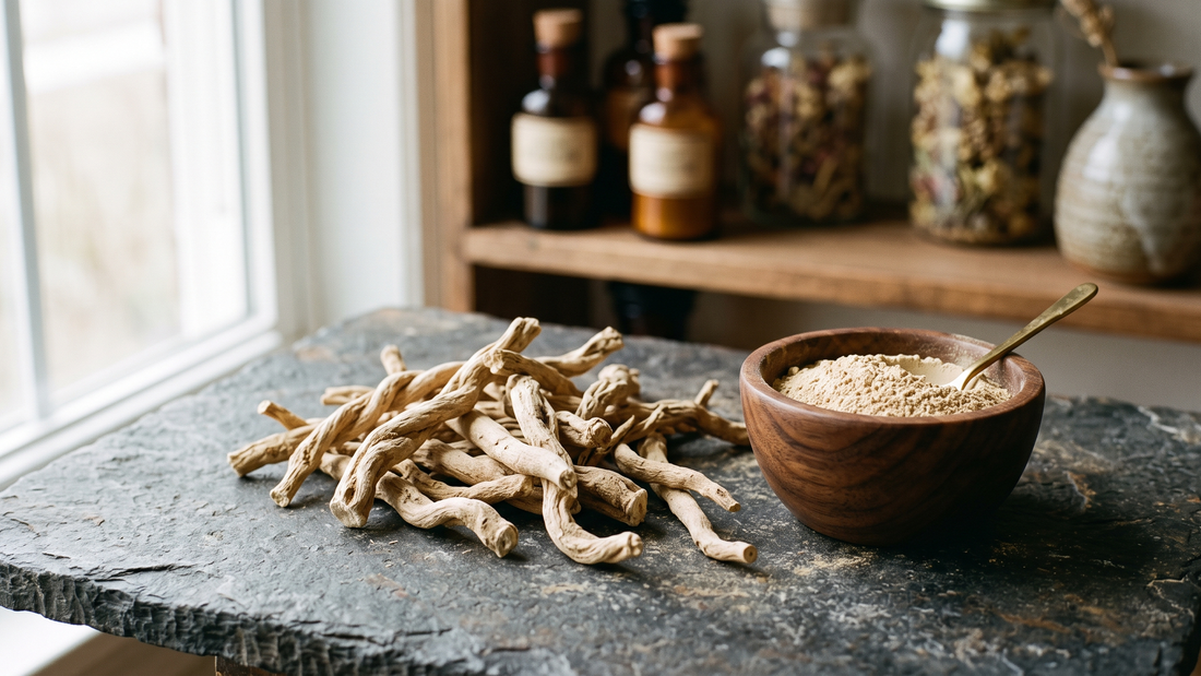 Dried ashwagandha roots beside a wooden bowl of ashwagandha powder on a dark stone counter
