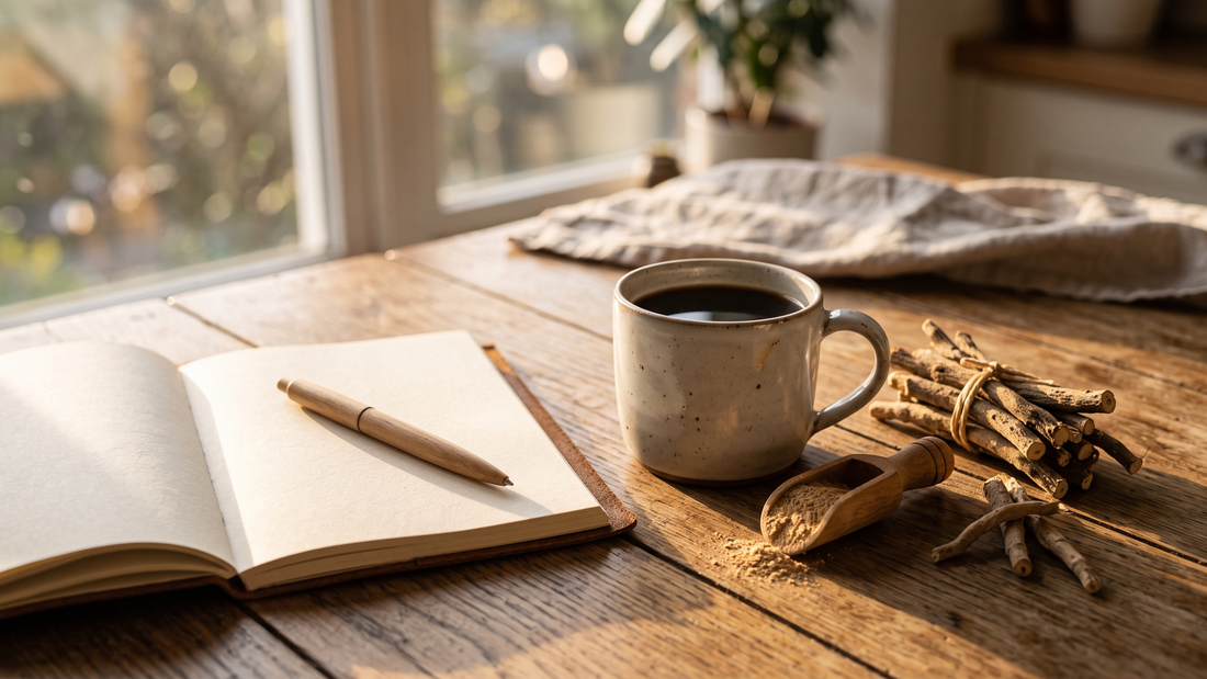 Open notebook and pen beside a mug of coffee, a bundle of ashwagandha roots and a scoop of powder on a sunlit table
