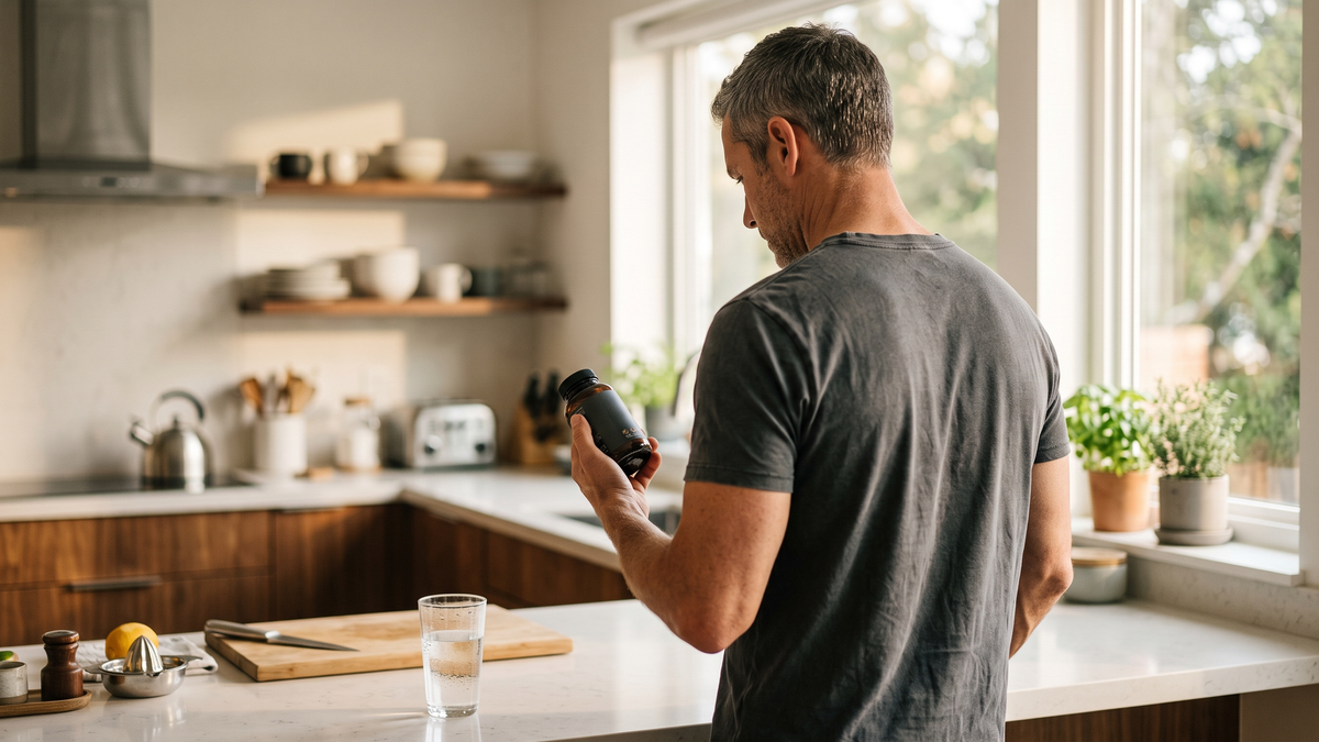 Man seen from behind in a bright kitchen, examining a dark supplement container