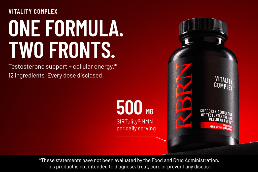 RBRN Vitality Complex bottle lit in red under the headline One Formula. Two Fronts., for testosterone support and cellular energy, with 12 ingredients and 500mg SIRTality NMN per daily serving