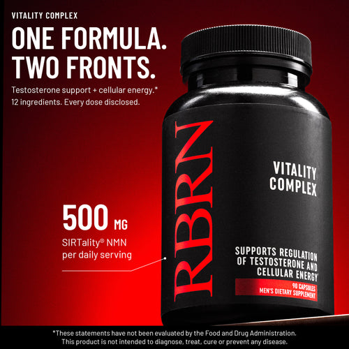 RBRN Vitality Complex bottle lit in red under the headline One Formula. Two Fronts., for testosterone support and cellular energy, with 12 ingredients and 500mg SIRTality NMN per daily serving