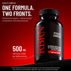 RBRN Vitality Complex bottle lit in red under the headline One Formula. Two Fronts., for testosterone support and cellular energy, with 12 ingredients and 500mg SIRTality NMN per daily serving