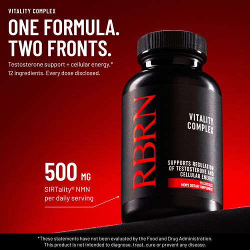 RBRN Vitality Complex bottle lit in red under the headline One Formula. Two Fronts., for testosterone support and cellular energy, with 12 ingredients and 500mg SIRTality NMN per daily serving
