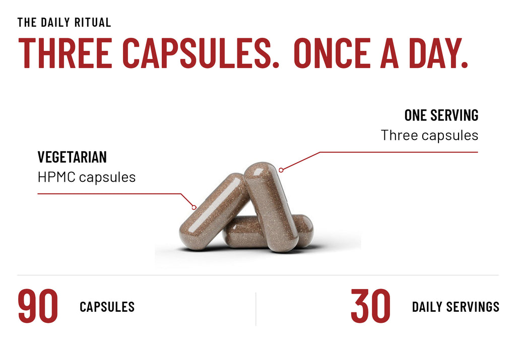 Three RBRN Vitality Complex vegetarian HPMC capsules, the full daily serving, from a 90-capsule bottle holding 30 servings