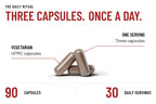 Three RBRN Vitality Complex vegetarian HPMC capsules, the full daily serving, from a 90-capsule bottle holding 30 servings