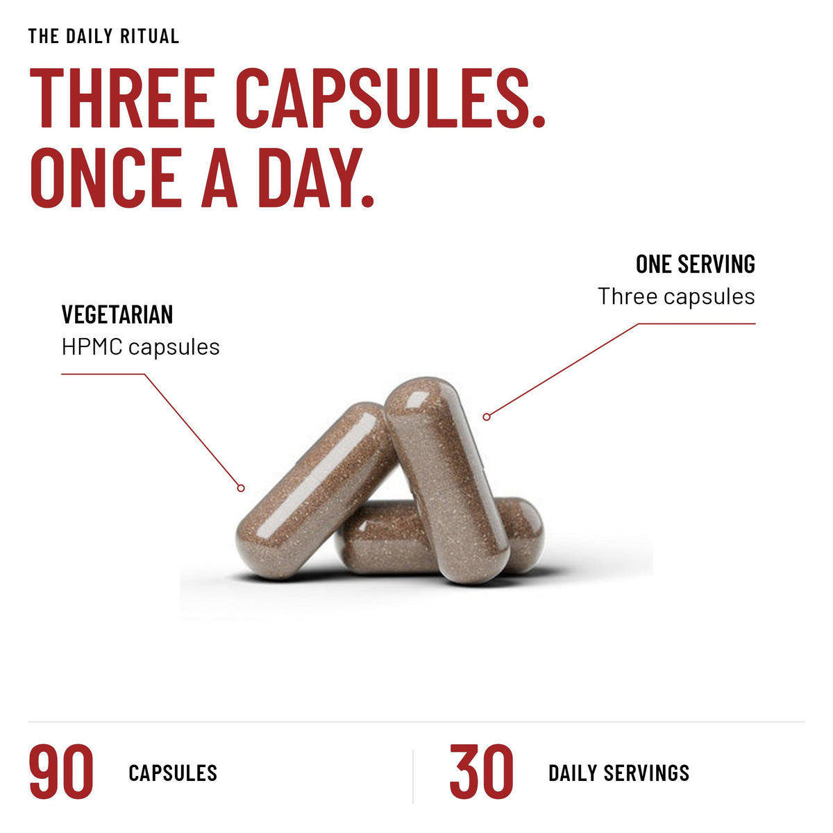 Three RBRN Vitality Complex vegetarian HPMC capsules, the full daily serving, from a 90-capsule bottle holding 30 servings