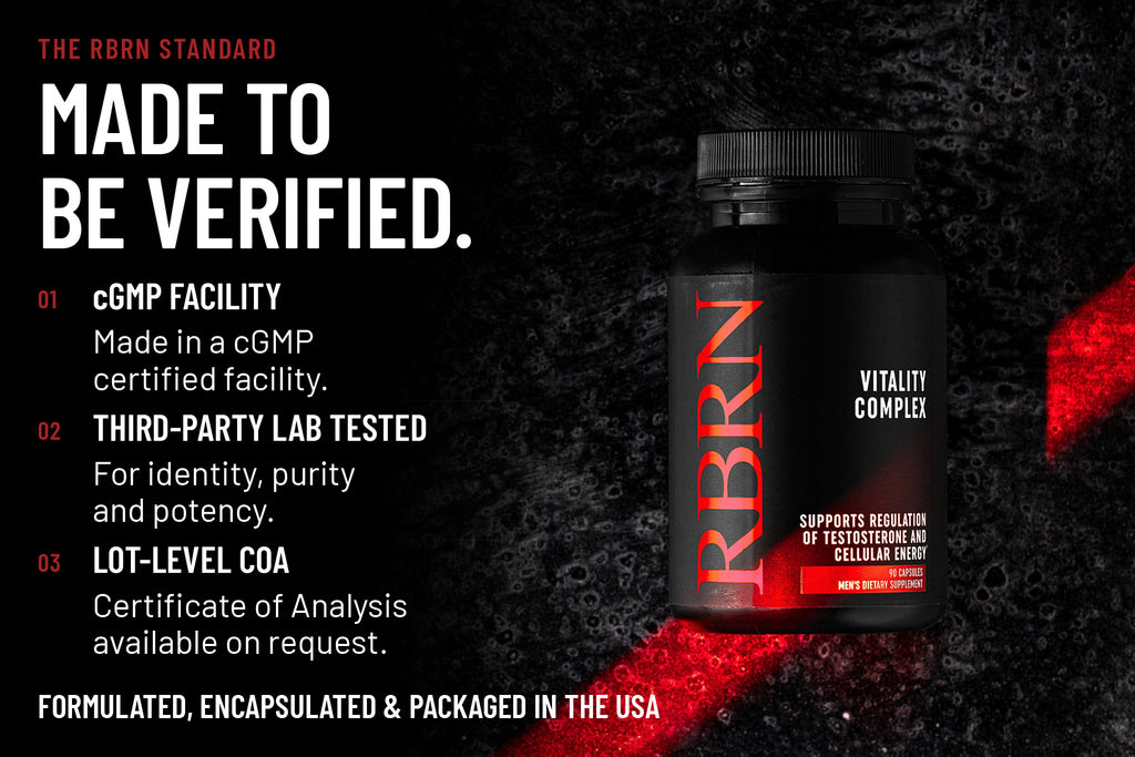 The RBRN standard for Vitality Complex: made in a cGMP certified facility, third-party lab tested for identity, purity and potency, with a lot-level Certificate of Analysis on request, formulated, encapsulated and packaged in the USA