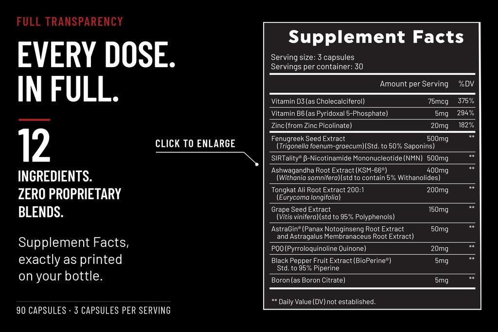 RBRN Vitality Complex Supplement Facts panel as printed on the bottle: three capsules per serving, 30 servings per container, 12 ingredients with every dose shown and zero proprietary blends