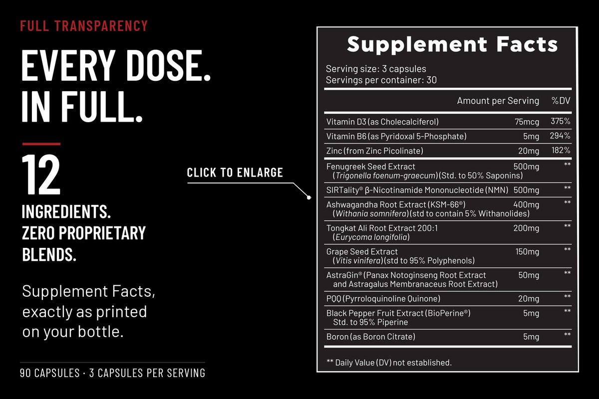 RBRN Vitality Complex Supplement Facts panel as printed on the bottle: three capsules per serving, 30 servings per container, 12 ingredients with every dose shown and zero proprietary blends