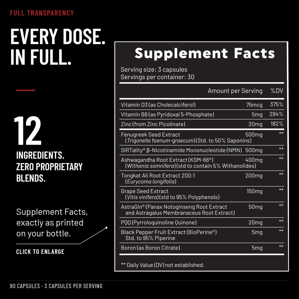 RBRN Vitality Complex Supplement Facts panel as printed on the bottle: three capsules per serving, 30 servings per container, 12 ingredients with every dose shown and zero proprietary blends