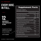 RBRN Vitality Complex Supplement Facts panel as printed on the bottle: three capsules per serving, 30 servings per container, 12 ingredients with every dose shown and zero proprietary blends