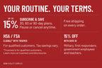 RBRN Vitality Complex purchase terms: free shipping on every order, subscribe and save up to 15 percent on 30, 60 or 90-day plans, HSA/FSA eligible with Truemed for qualified customers, and 15 percent off with GovX ID