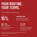 RBRN Vitality Complex purchase terms: free shipping on every order, subscribe and save up to 15 percent on 30, 60 or 90-day plans, HSA/FSA eligible with Truemed for qualified customers, and 15 percent off with GovX ID