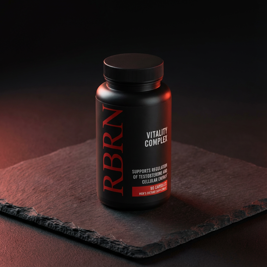 RBRN Vitality Complex testosterone support supplement bottle on dark slate with red accent lighting