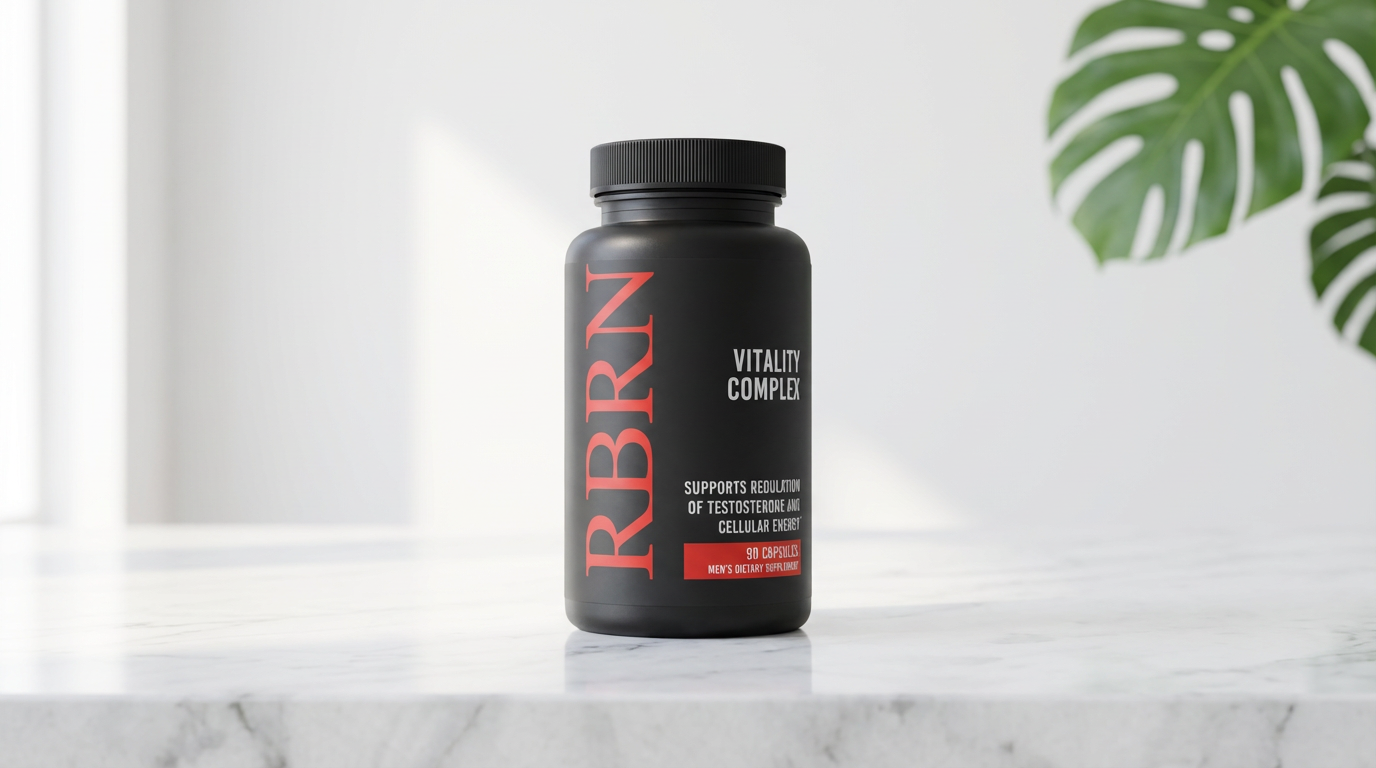 RBRN Vitality Complex testosterone support supplement bottle on a white marble counter beside a monstera plant