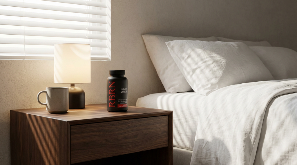 RBRN Vitality Complex bottle on a bedroom nightstand — nightly testosterone support routine