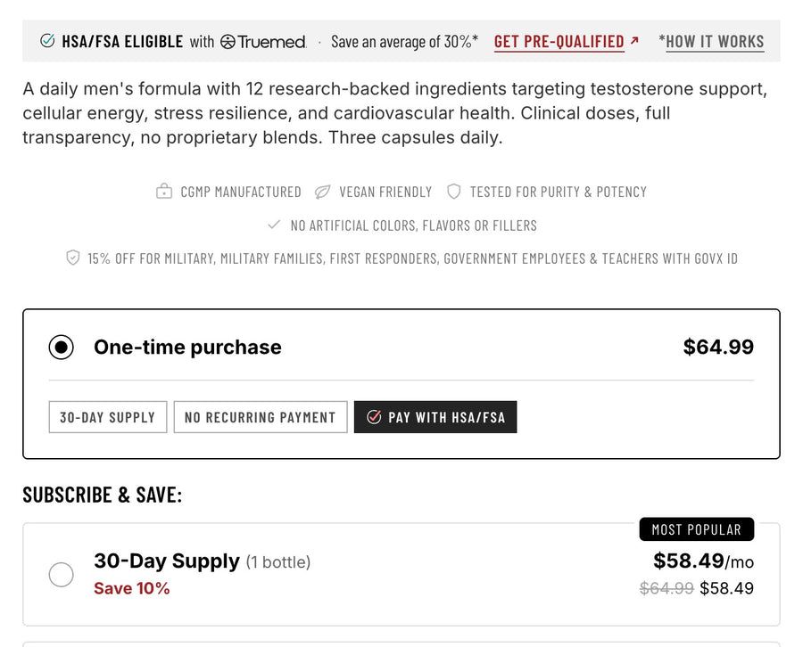 RBRN product page with One-time purchase selected, showing the HSA/FSA eligible banner and a Pay with HSA/FSA tag