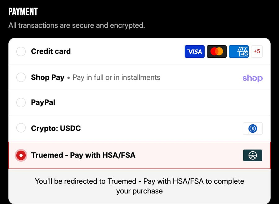 RBRN checkout payment options with Truemed - Pay with HSA/FSA selected
