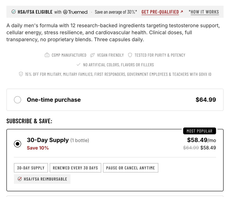 RBRN product page with the 30-Day Supply subscription selected, showing an HSA/FSA reimbursable tag
