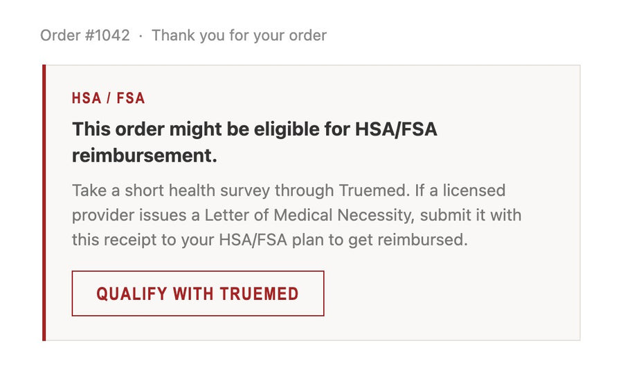 The Truemed block in an RBRN order confirmation email, linking to the HSA/FSA health survey