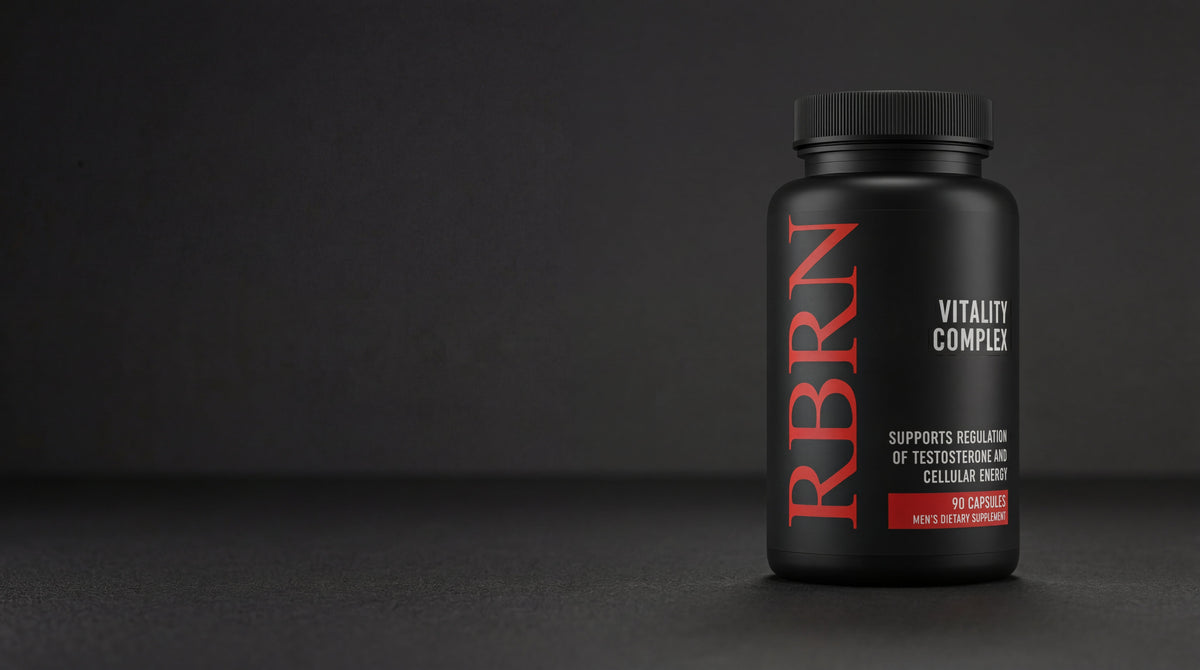 RBRN Vitality Complex bottle — testosterone support and cellular energy supplement for men — on a dark background