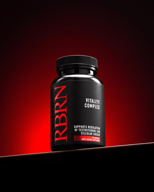 RBRN Vitality Complex men's testosterone support and cellular energy supplement bottle against a red-lit background