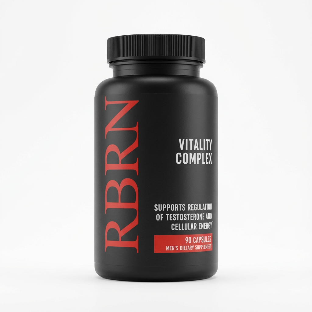 RBRN Vitality Complex bottle, front label view — men's testosterone support and cellular energy supplement, 90 capsules